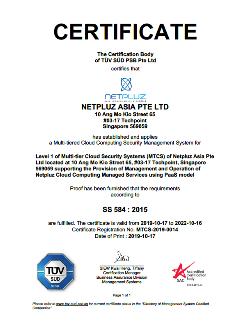 Netpluz is now MTCS Certified Compliant